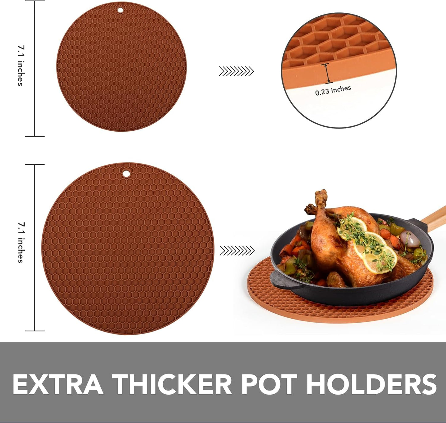 Joyhalo Trivets for Hot Dishes - Hot Pads for Kitchen, Silicone Pot Holders for Hot Pots and Pans, Silicone Mats for Kitchen Countertops, Table, Flexible Easy to Wash and Dry, Brown