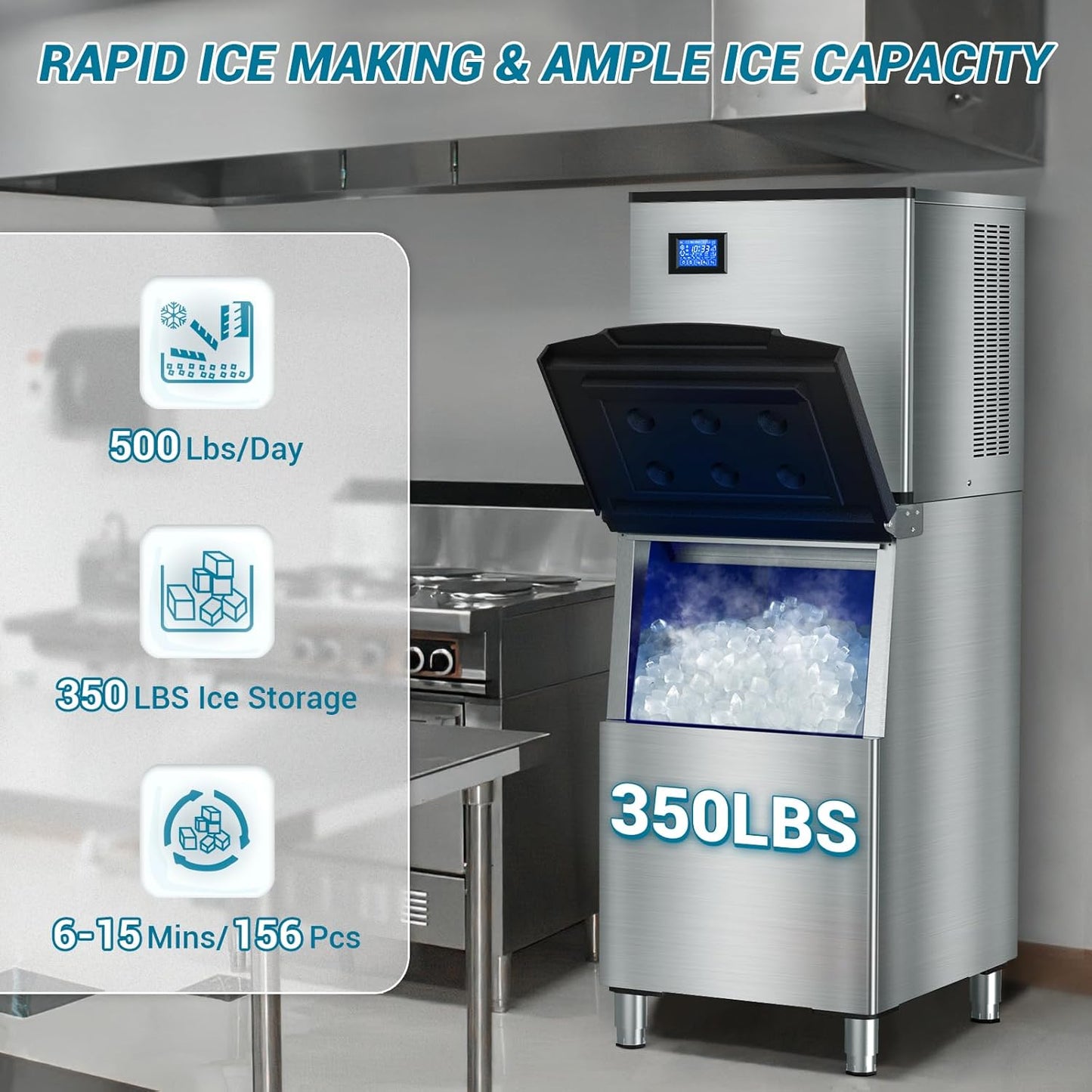 High-Performance Commercial Ice Maker Machine: 500lbs/24H Production, 350lbs Storage, 156 Ice Cubes in 6-15 Mins - Stainless Steel Industrial Ice Maker for Restaurant, Bar, Cafe, Commercial Use