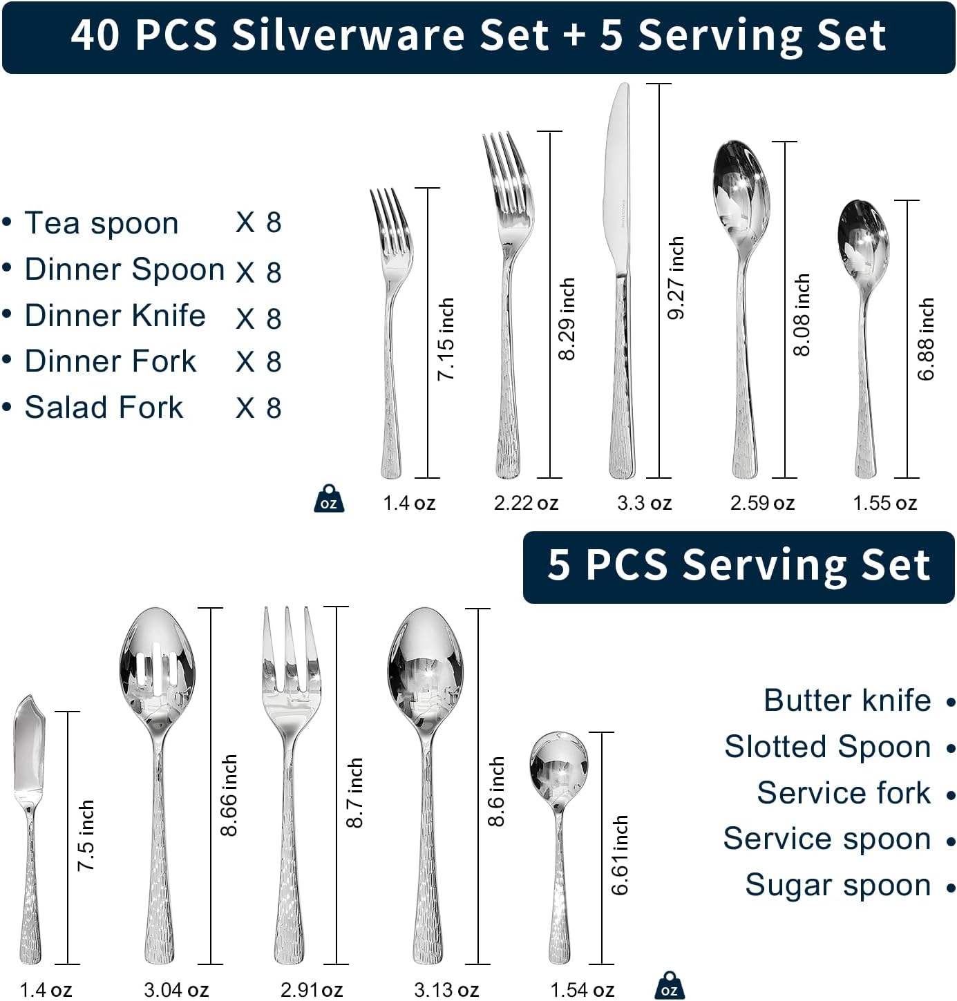 KINGSTONE Hammered Silverware Set, Flatware Set with Serving Utensils, 18/10 Stainless Steel Premium Cutlery with Unique Ripple Handles Design Mirror Polished - Dishwasher Safe (45-Piece)
