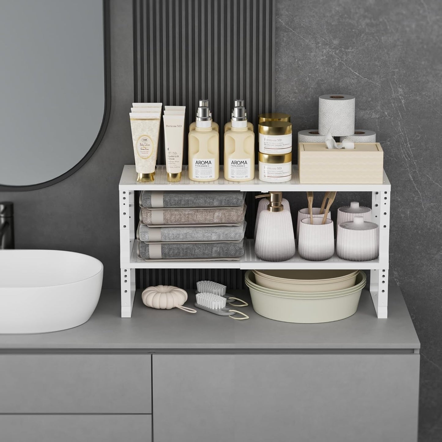 Expandable Spice Rack Kitchen Cabinet Shelf Organizer, Stackable Storage Shelves Racks, Adjustable Counter Shelving for Cabinets, Countertop, Cupboard,Pantry and More(2Packs/White/Large)