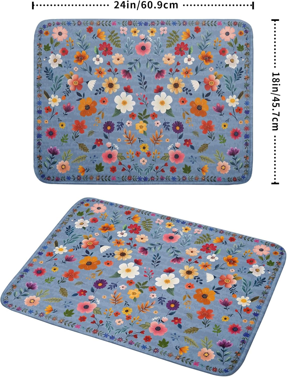Colorful Flower Dish Drying Mat - Blue Large Floral Coffee Mat for Kitchen Counter Decor 18 X 24