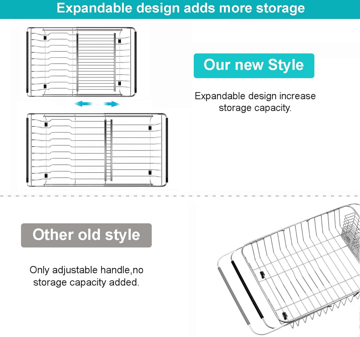 iPEGTOP Capacity Expandable Over Sink Dish Drying Rack, Multifunctional Adjustable (14"-18.5") Rustproof Stainless Steel Dish Drainer Organizer Shelf with Utensil Holder for Kitchen Counter Sink