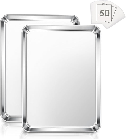 E-far Baking Cookie Sheet Set of 2, 16”x12” Stainless Steel Baking Sheet Pan with 50 Parchment Paper, Rectangle Baking Tray for Cooking Roasting, Rust Free & Heavy Duty, Oven & Dishwasher Safe