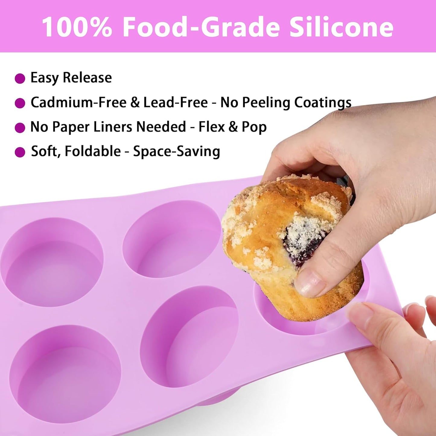3-Pack Jumbo 6-Cup Silicone Muffin Pan Silicone Muffin Pan - Non-Stick Baking Mold for Cupcakes, Cornbread, Eggs - Purple