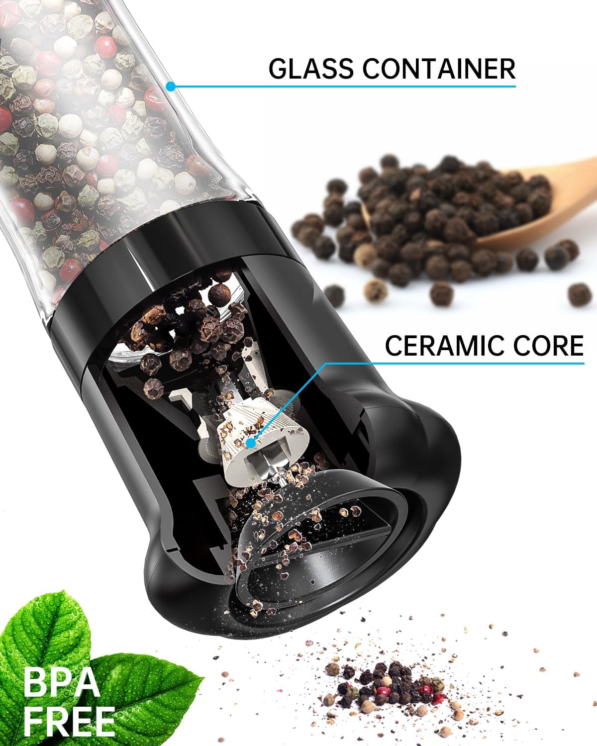 CIRCLE JOY Manual Salt and Pepper Grinder Set For Professional Chef, Refillable Salt and Pepper Shakers with Ceramic Blades, Adjustable Coarseness and BPA-free 180ml Glass Container, Tall Black White