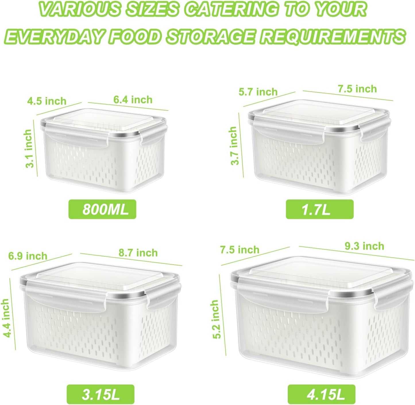 Fruit Storage Containers for Fridge, 4 Pack Produce Saver Vegetable Container with Drain Colanders - Refrigerator Organizer for Lettuce Keepers Berry Container