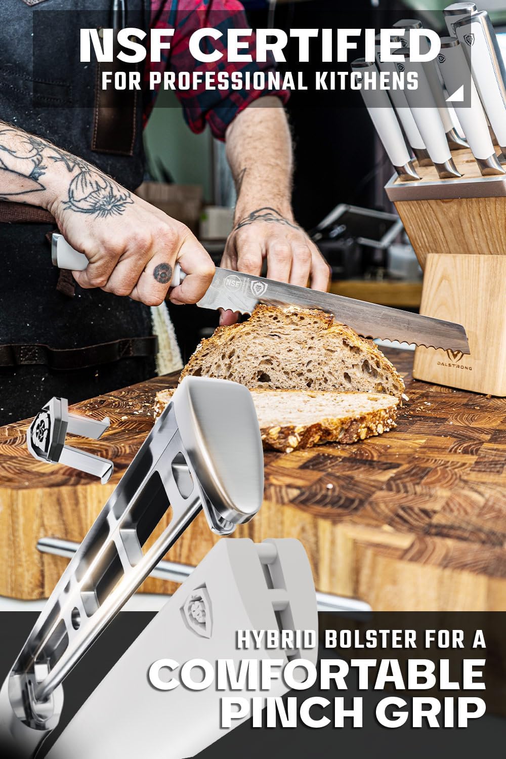 Dalstrong Knife Block Set - 8 Piece - Vanquish Series - Forged High Carbon German Steel - Kitchen Knife Set - Premium Wood Block - White POM Handle - NSF Certified