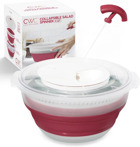 COOK WITH COLOR Collapsible Salad Spinner - 4 QT Space Saving Lettuce Dryer with Folding Collapsible Colander Great for Washing and Drying Fruit and Vegetables (Rose)