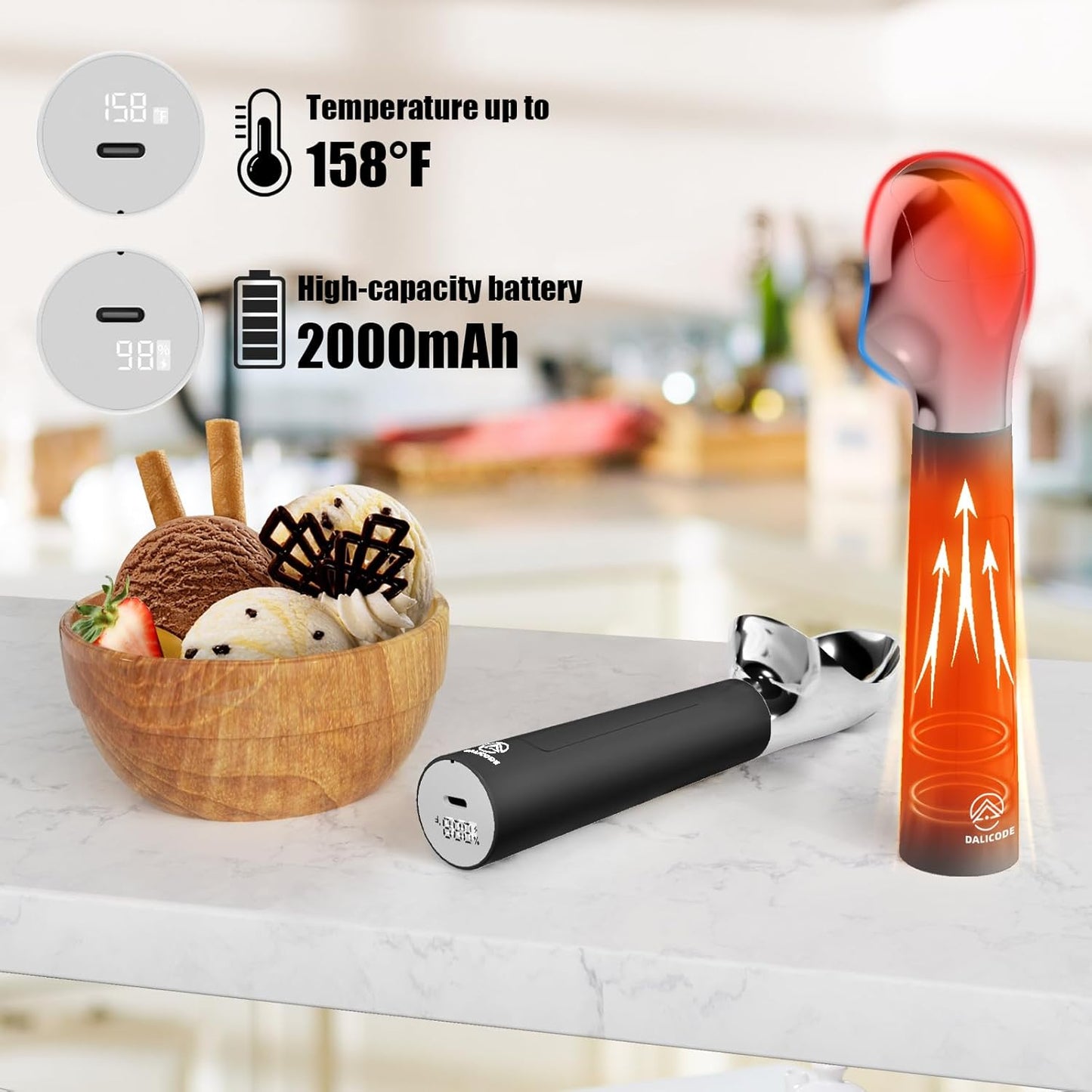Heated Ice Cream Scoop – Electric Scooper for Hard Ice Cream and Desserts, Handheld Heating Up to 158°F, Rechargeable with LED Display, Easy to Clean, Ideal Summer Gift (Black)