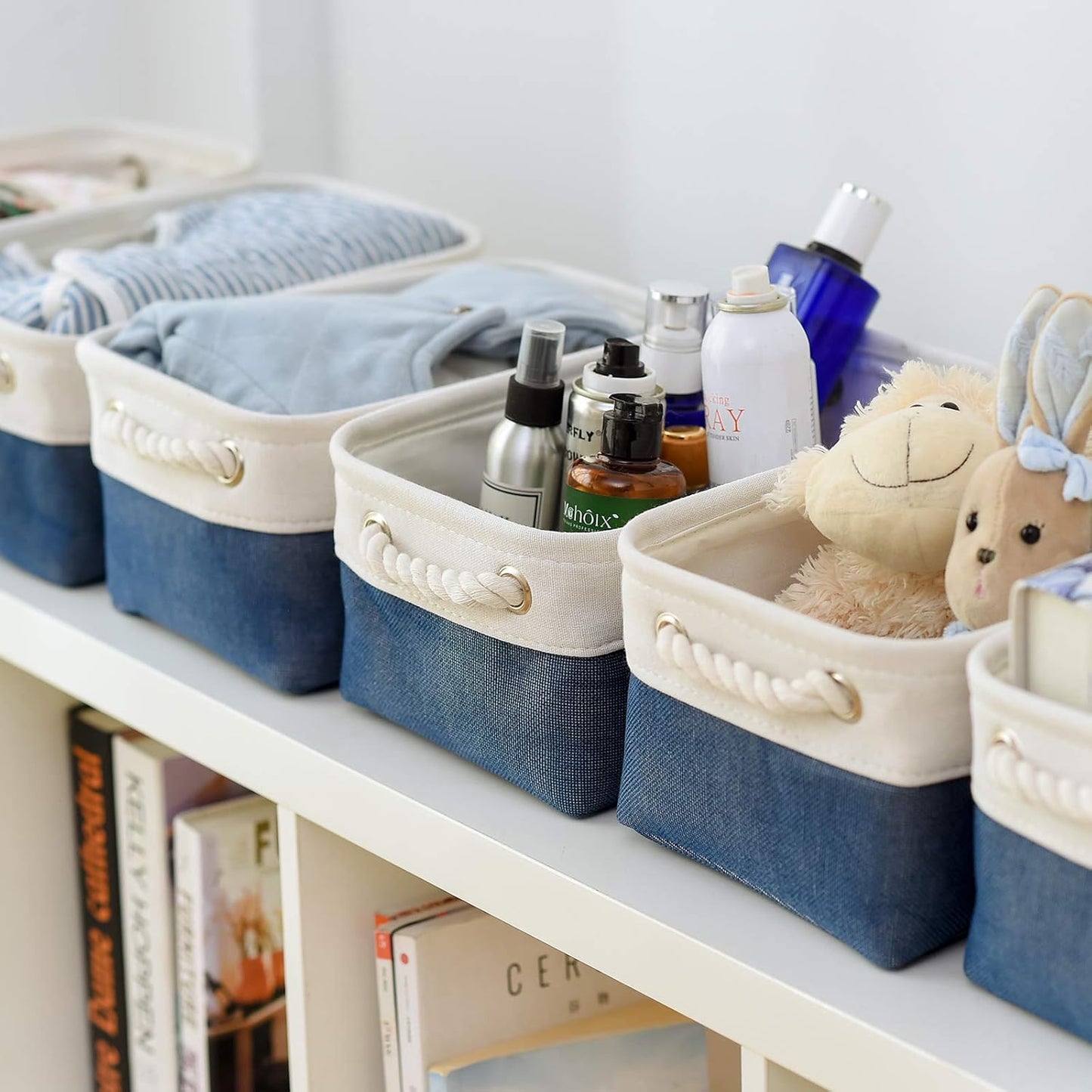 Storage Basket for Organizing - 12x8x5.2 inch Small 6 Pack Fabric Storage Bin Collapsible Baskets for Shelves with Rope, Storage Box for Cloth Decorative Laundry Canvas(White & Blue)