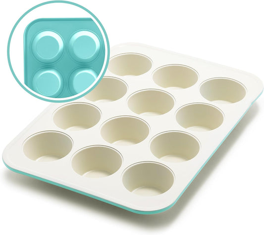 GreenLife 12-Cup Muffin Pan, Healthy Ceramic Nonstick Bakeware, PFOA & PFAS-Free Cupcake Tray, Durable Baking Pan, Versatile Kitchen Essential, Easy Clean Muffin Mold, Nonstick Baking Sheet, Turquoise