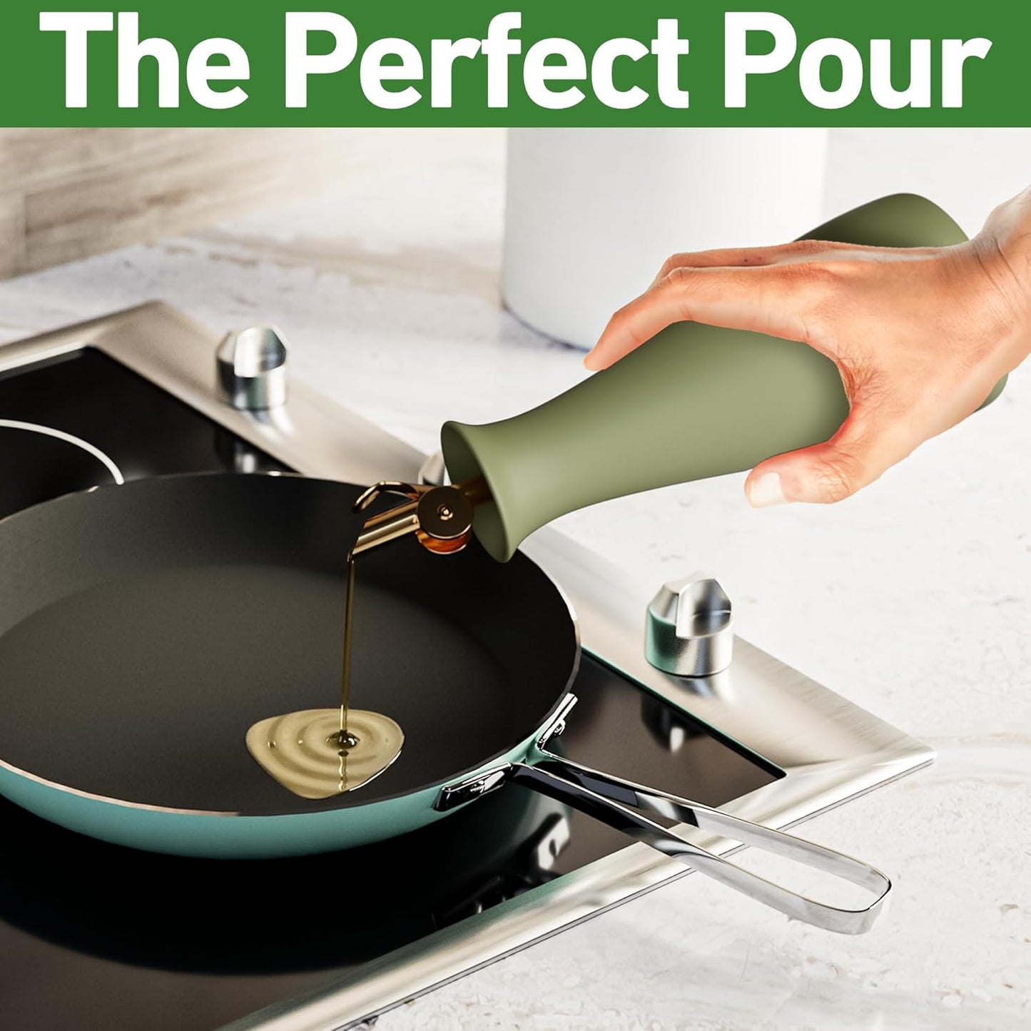 Ceramic Olive Oil Dispenser with Self-Closing Gold Spout - 530 ML Capacity Matte Green Ceramic Oil Dispenser for Kitchen - Leak Proof EVOO Dispensing Bottle - Stylish, Ergonomic, Durable, Easy Pour