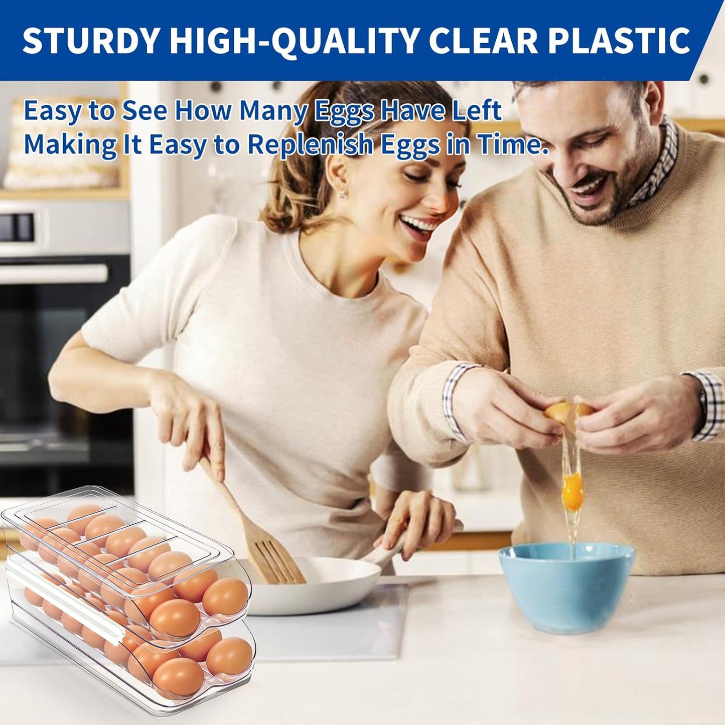Egg Holder for Fridge, Automatic Rolling Egg Organizer for Refrigerator, Clear Plastic Egg Container & Tray, Stackable Dispenser and Storage Bin with Sturdy Lid to Saving Space -3 Layer