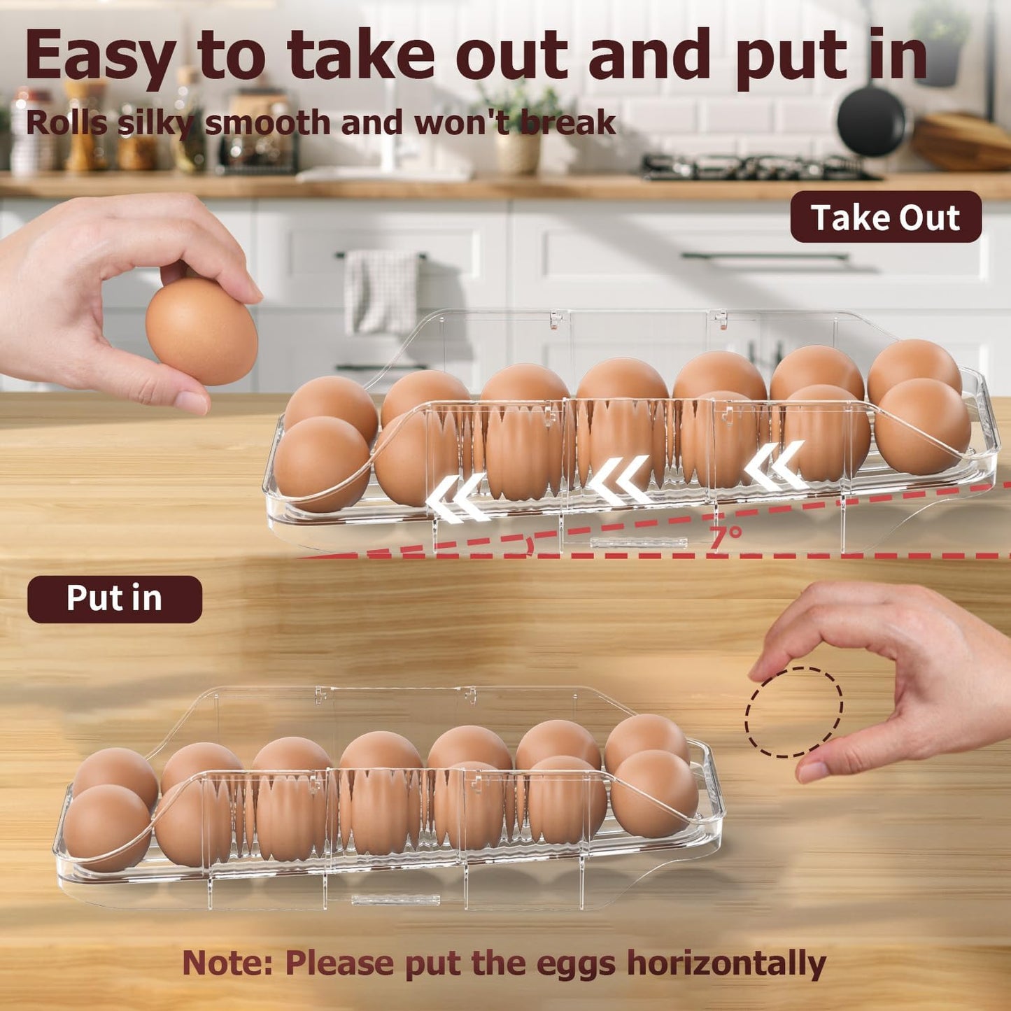 Automatic Rolling Egg Holder for Fridge, Clear Plastic Egg Organizer with Handle for Refrigerator, Egg Container for Kitchen Storage, 1 Row 3 layers