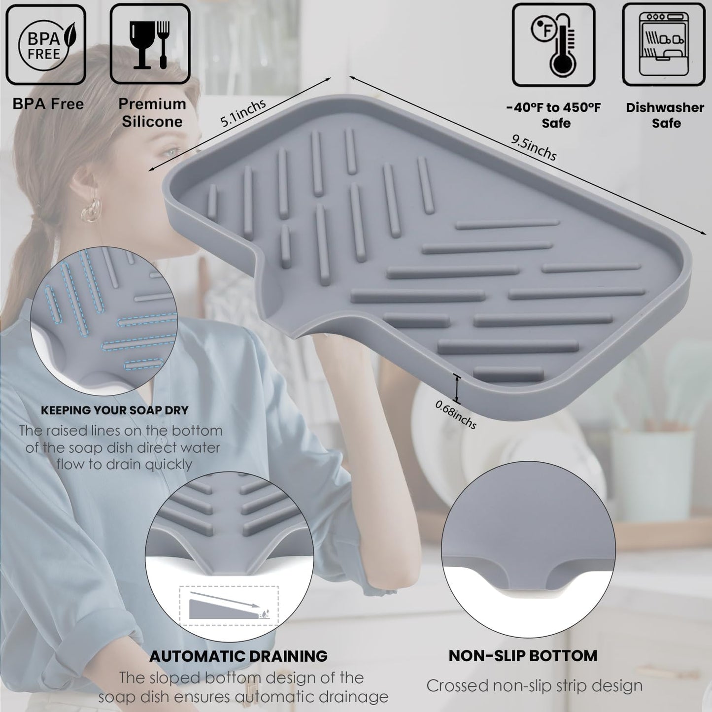 Yasmen Silicone Bathroom Soap Dishes, Sink Sponge Holder for Kitchen, Rubber Soap Dish with Drain, Shower Soap Sponge Tray, Sink or Counter Organizer, for Bar Soap, Bottle, Dish Soap Dispenser-Grey