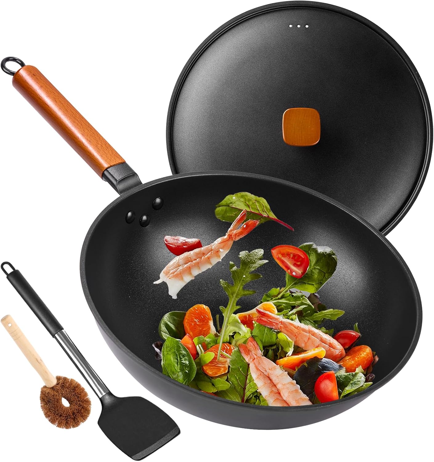 Carbon Steel Wok Pan - 12.9" Woks & Stir-Fry Pans Nonstick with Spatula: Flat Bottom Wok for Electric, Induction and Gas Stoves