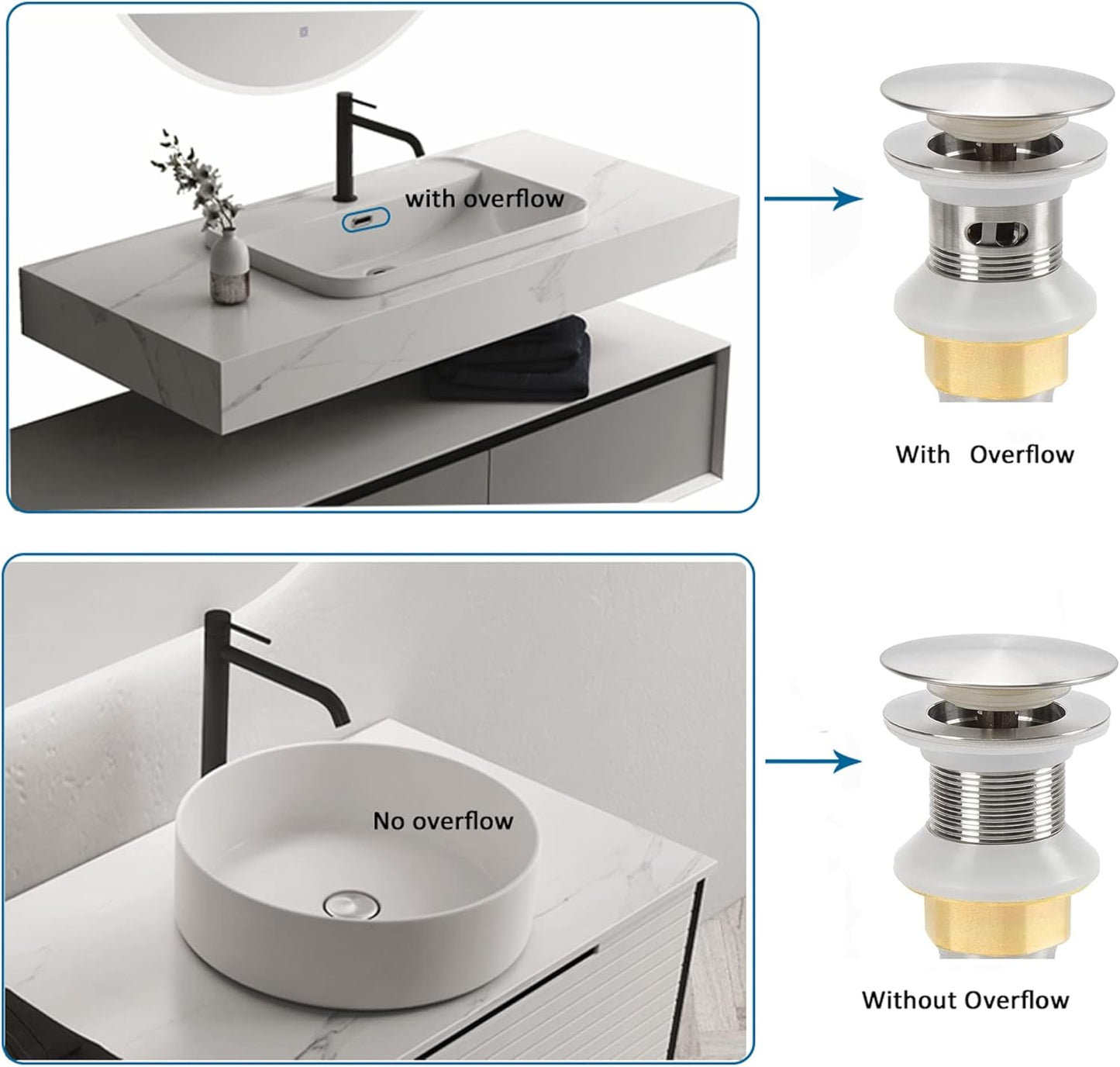 Bathroom Sink Drain,Drain Stopper Bathroom Sink with Overflow,Pop Up Drain Assembly with Detachable Strainer Basket,Built-in Anti-Clogging Strainer,Stainless Steel Brushed Nickel