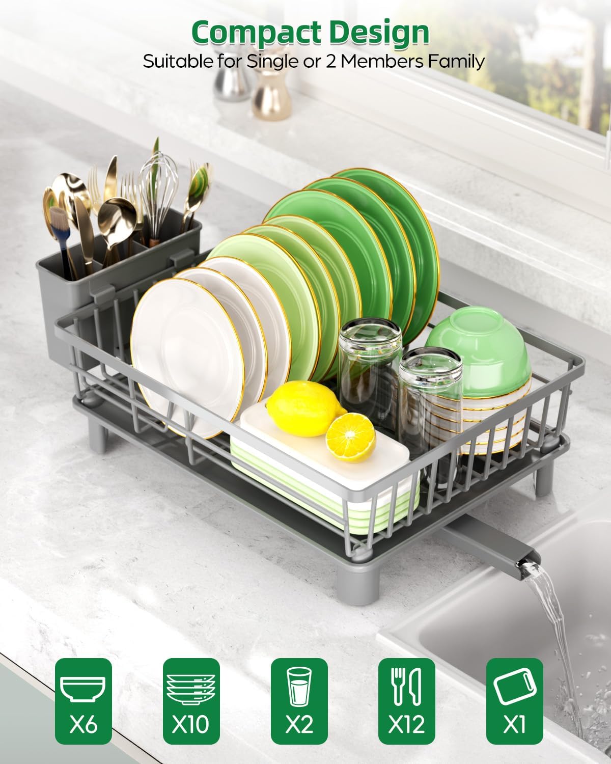 Dish Drying Rack, Stainless Steel Drainer Rack with Drainboard with Smart Drainage System, Space Saving Dish Strainer for Kitchen Counter with Cutlery Holder, Grey