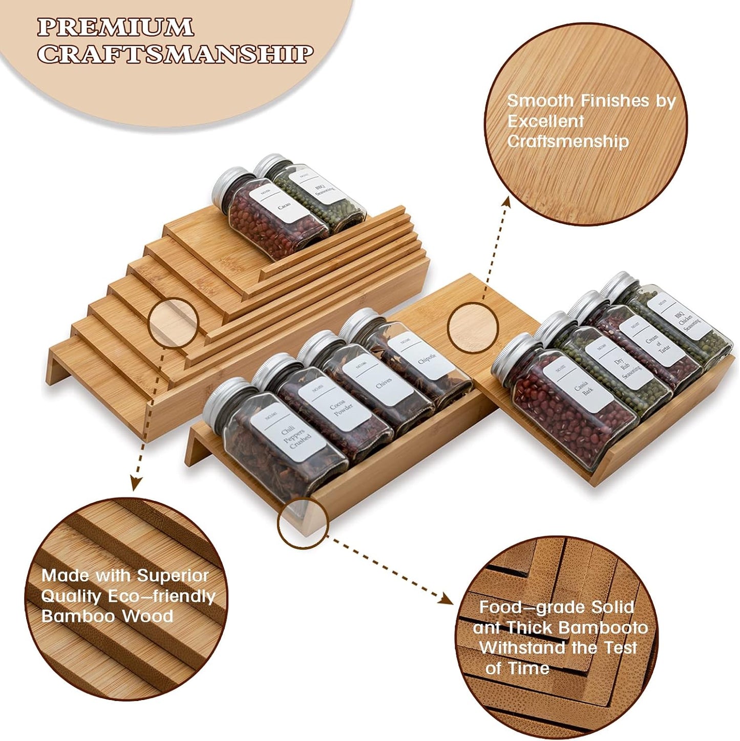 Bamboo Spice Rack Drawer Organizer - 8 Pieces Set- 9" Wide Per Piece - Combine Pieces Into 18" Wide Rack (9" or 18")