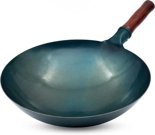 Carbon Steel Wok Traditional Hand Hammered Wok,14 Inch,Round Bottom(Roasted Blue)