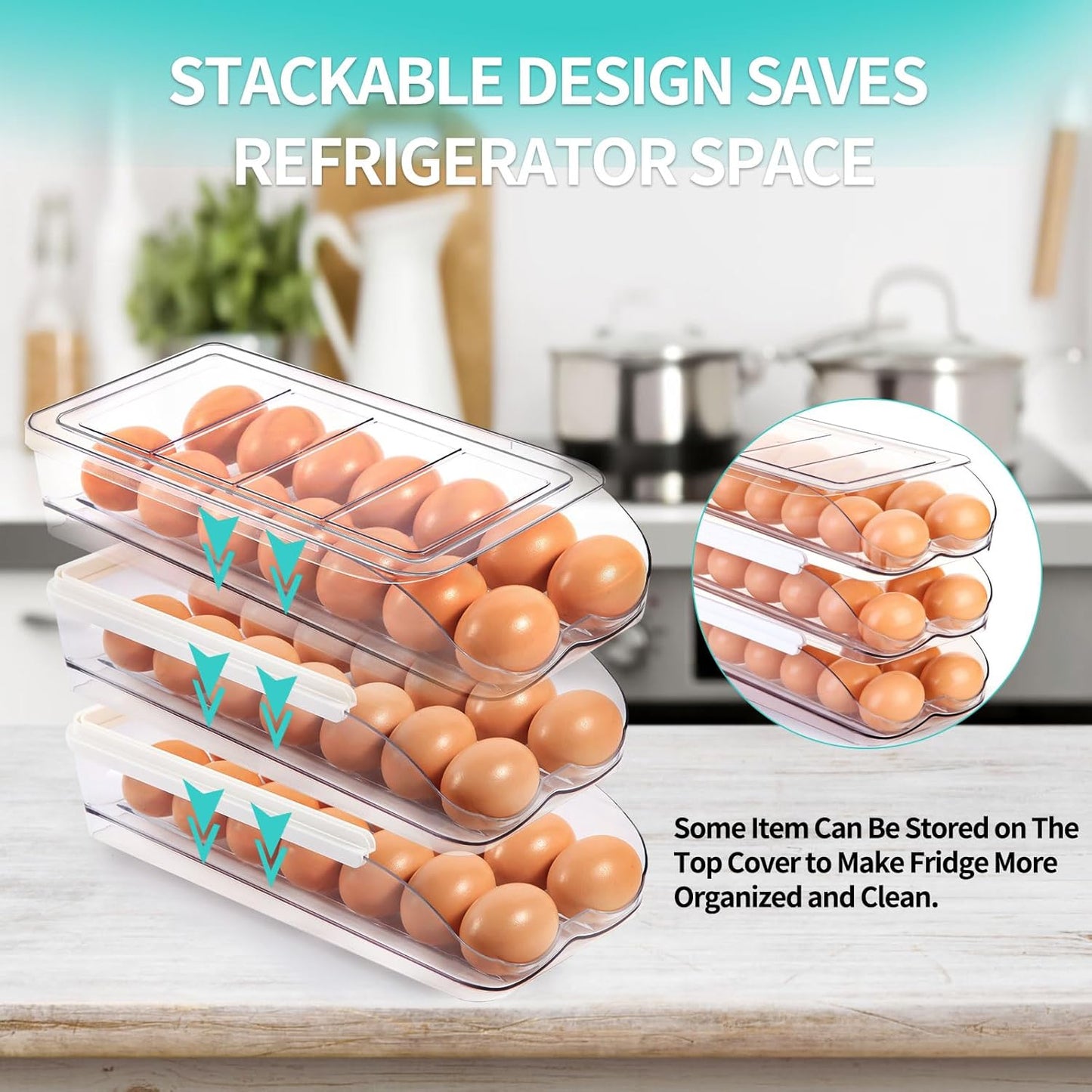 Egg Holder for Fridge, Automatic Rolling Egg Container for Refrigerator, Stackable Fridge Organizers and Storage with Lid, Clear Plastic Egg Dispenser & Tray (2 Tier)