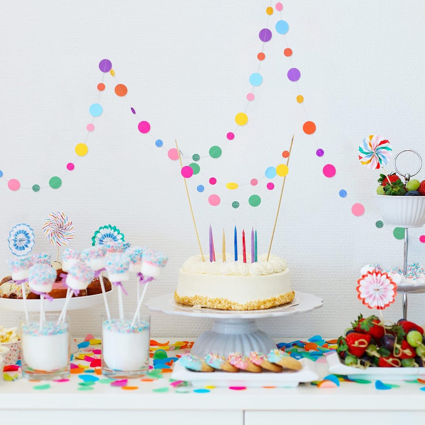 Outus 5 Pieces Colorful Dots Paper Garland Round Glitter Garland Hanging Confetti Streamers Backdrop Decoration for Birthday Classroom Candy Sprinkles Trunk or Treat Party (Rainbow)