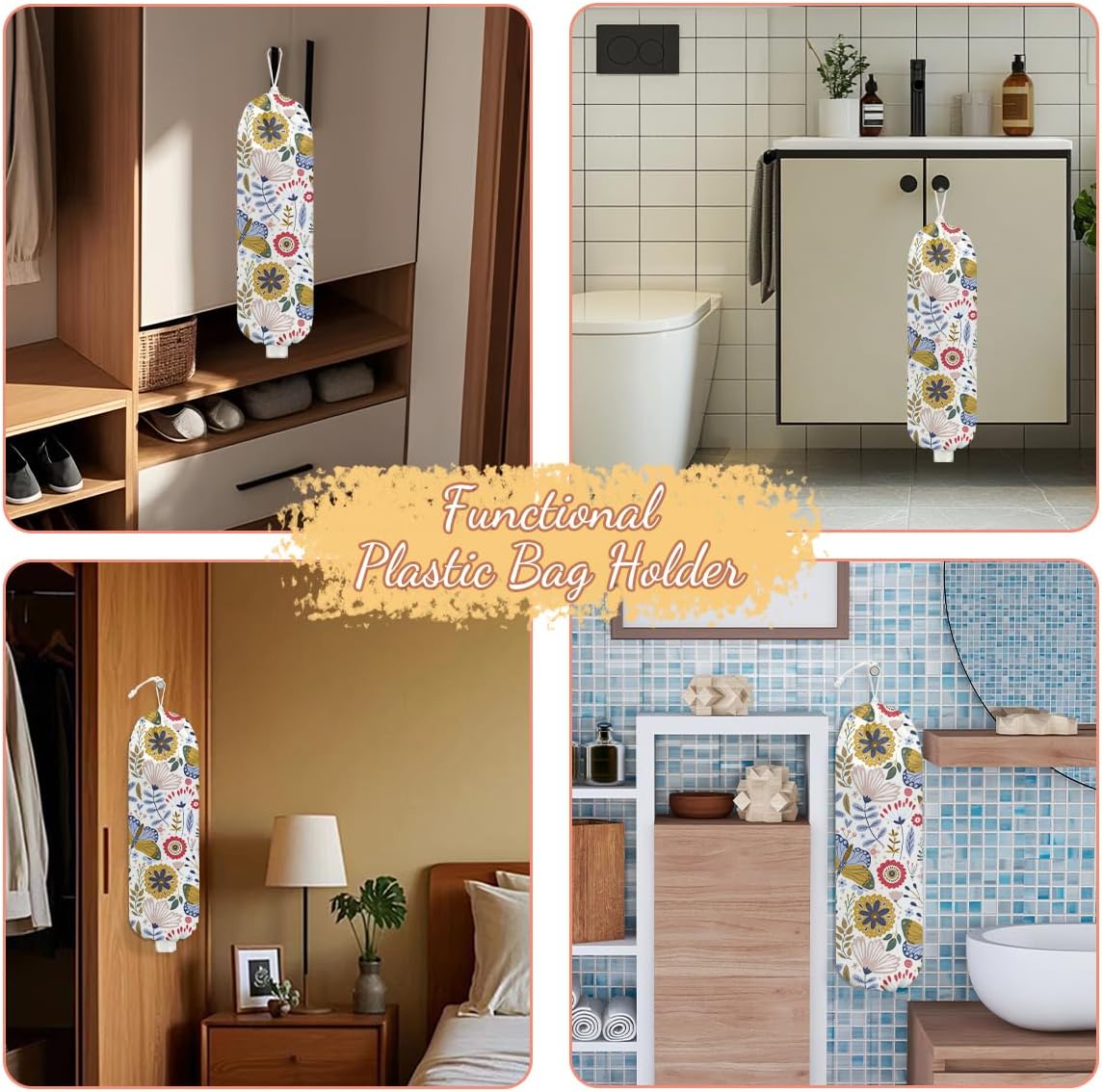 Butterfly Plastic Bag Holder, Wall Mount Grocery Bag Holder, Plastic Storage bag, Pull Rope Free Adjustment, Plastic Bag Holders for Grocery Bags, Plastic Bag Dispenser for Home Kitchen Office