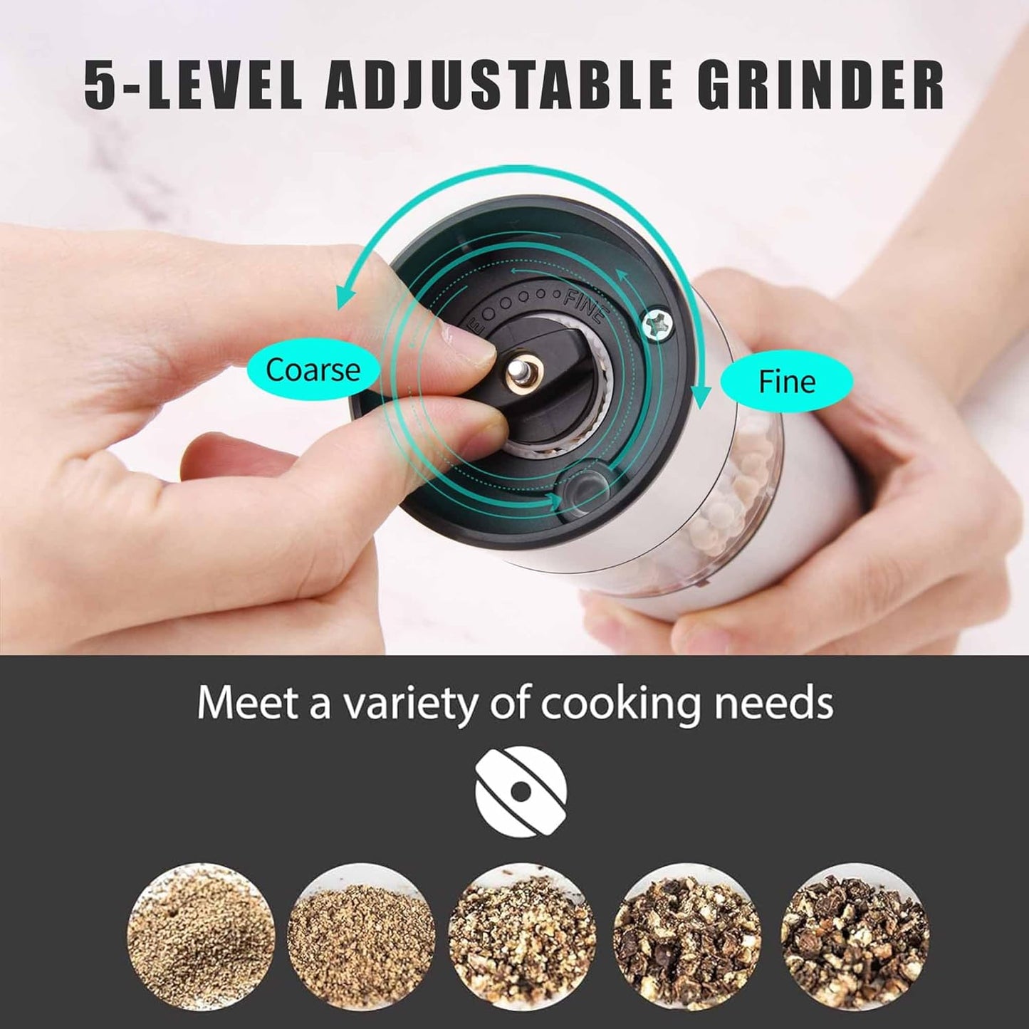 Electric Salt and Pepper Grinder Set, Rechargeable Automatic Pepper Mill Grinder with Led Light, One Hand Operation, Adjustable Coarseness, USB-C Recharging, Refillable, 95ml, Silver(2 Pack)