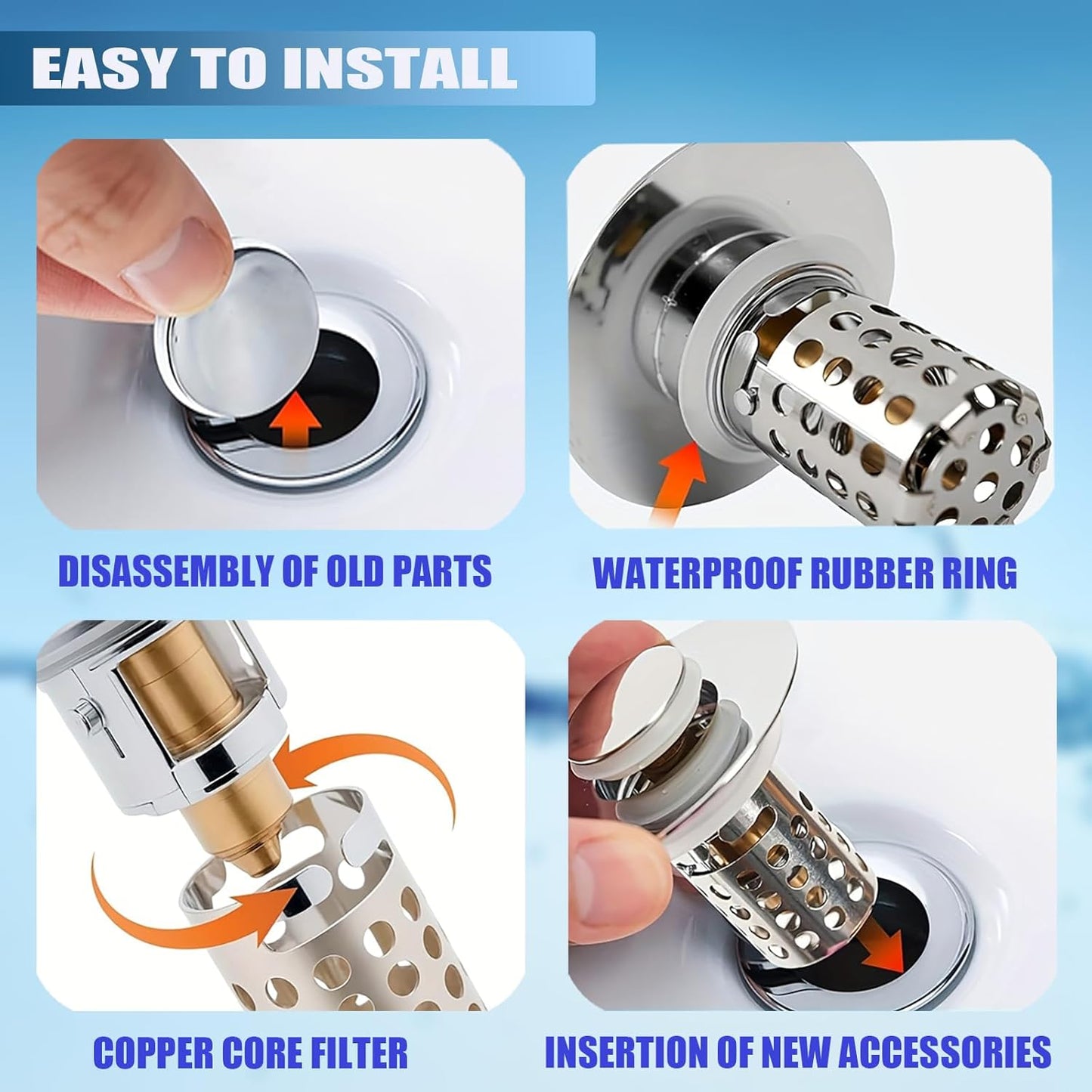 Upgraded Bathroom Sink Stopper Drain Strainer for 1.1-1.45 Inch,Universal Pop Up Stopper with Removable Stainless Steel Filter Basket Hair Catcher,Brass Bounce Core for US Universal