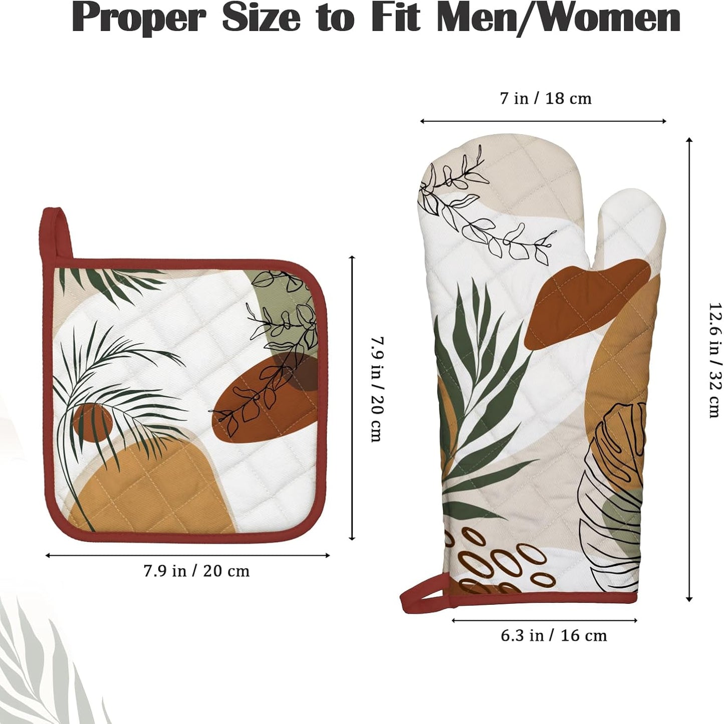 Boho Leaf Oven Mitts and Pot Holders Sets 2Pcs, 100% Cotton Heat Resistant, Vintage Extra Long Oven Gloves Potholder for Kitchen Cooking Baking Decoration