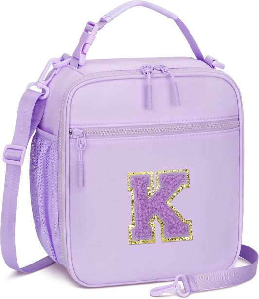 Initial Insulated Lunch Bag for Girls Kids, Back to School Gift, Reusable Leak-proof Lunch Box with Adjustable Strap for School Daycare Travel Picnic (Purple,K)