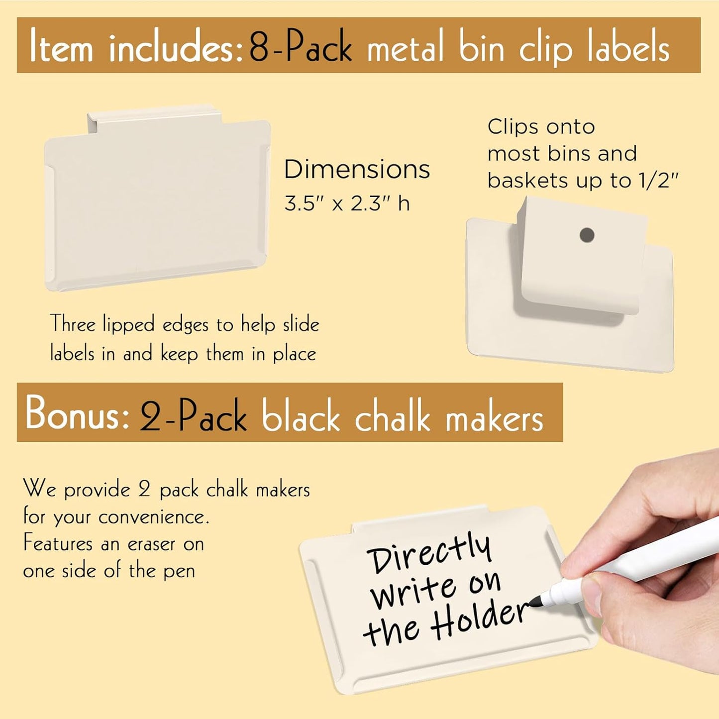 Basket Labels Clip on | Label Holders for Basket or Storage Bins Includes White Chalk Markers (8 Cream Holders + 2 Black Chalk Makers)