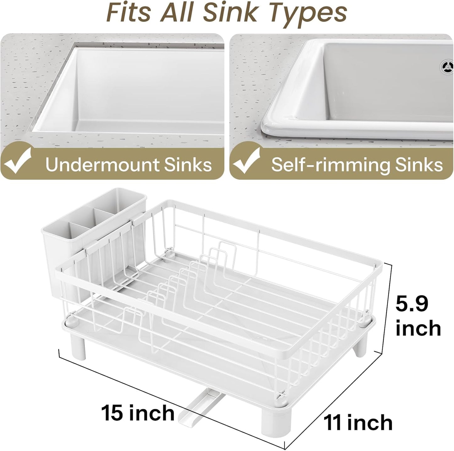 Dish Drying Rack - Small Dish Rack for Kitchen Counter, Stainless Steel Dish Drainer with Utensil Holder and Drainboard (White)
