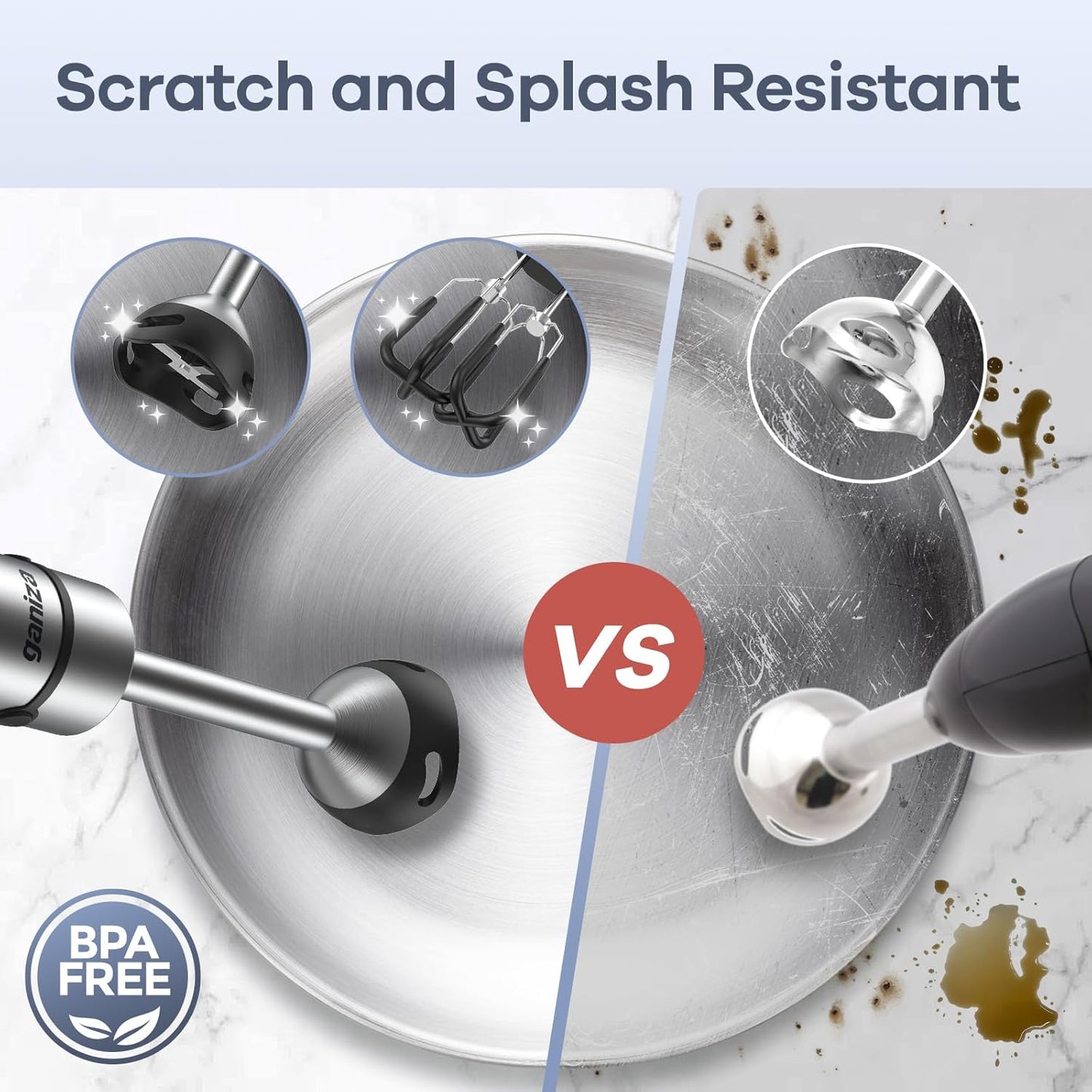 Ganiza Immersion Blender Handheld, 6 in 1 Hand Blender Stainless Steel Blade, 15 Speed Stick Blenders Electric, 800ml Mixing Beaker, 600ml Chopper, Whisk, Frother, Potato Masher