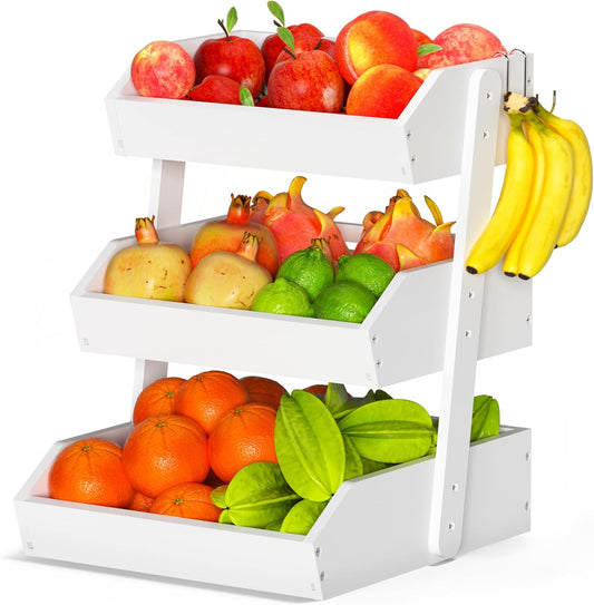Bamboo Fruit Basket for Kitchen– 3 Tier Fruit Bowl For Kitchen Counter, Large Fruit Holder With Banana Hangers, Idea For Vegetable Storage, Bread Display, Snack Organizer(White)