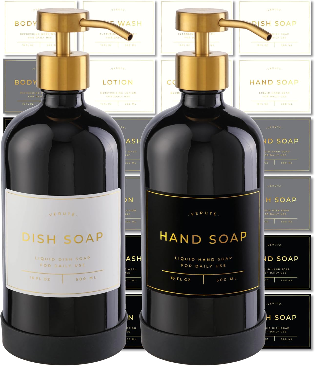 16oz Glass Soap Dispenser with Stainless Steel Pump, 21 Waterproof Labels, Non-Slip Protective Silicone Pad, Set of 2 for Bathroom & Kitchen (Gloss Black Bottle/Brushed Gold Pump)