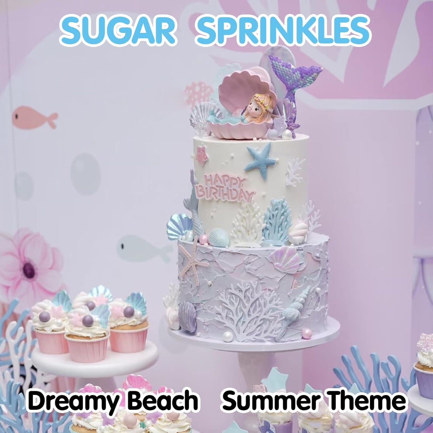 Edible Seashell Sprinkles Cake Decorating,130g/4.58oz,Pink Purple Pearl Sugar Sprinkle,Mix Sea Beach Stars Shell Sprinkles, Ocean Theme Baking Candy Decorations,Cupcake,Ice Cream Cookie Donuts Toppings,Birthday Children's Summer Party Supplies