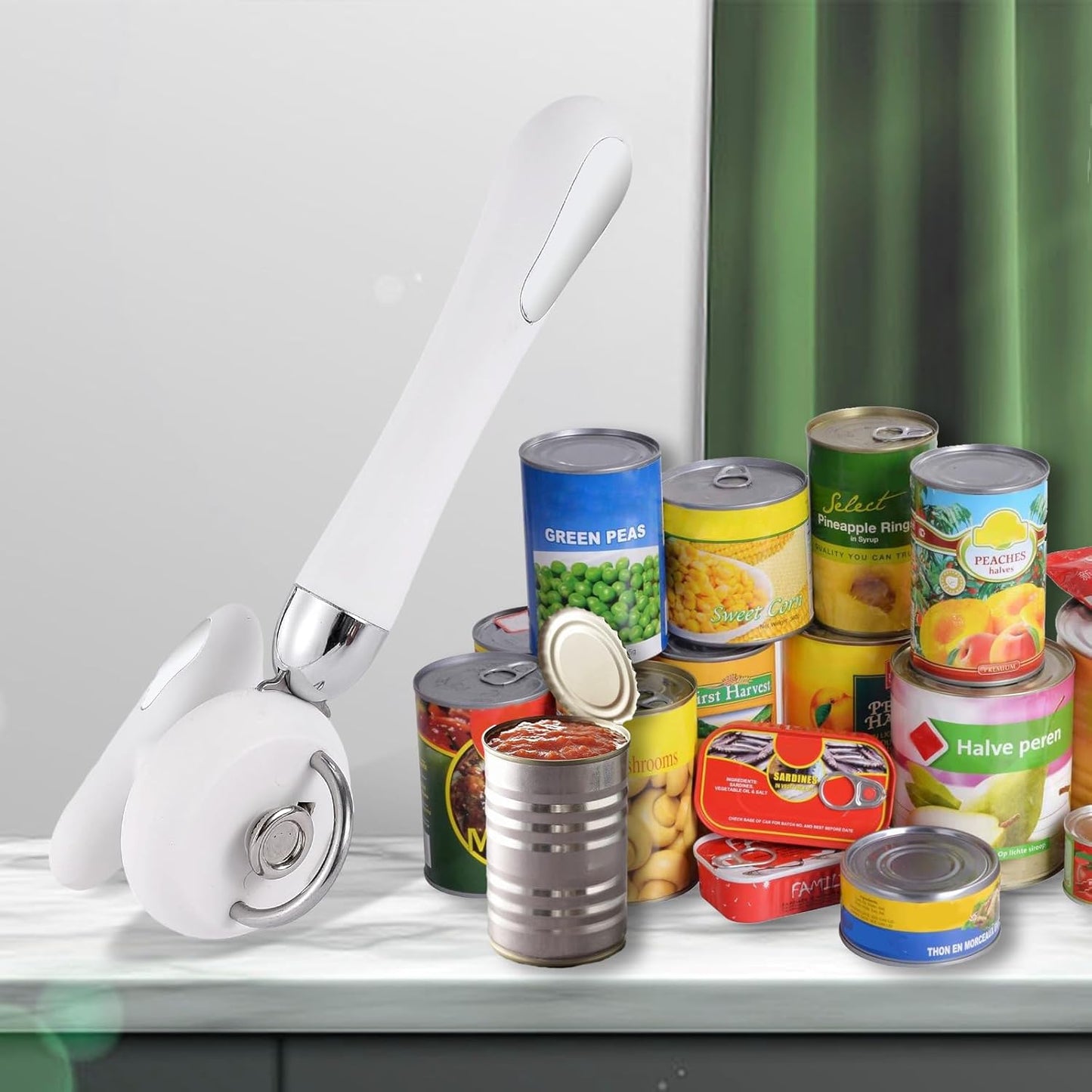 Can Opener Manual Tin Opener Stainless Steel Heavy Duty, Oversized Hand-held Easy Rotary Knob, Safe Cut Manual Can Opener with Non-Slip Handle, Smoother Cut Sharp Blade for Seniors Kitchen Tool, White