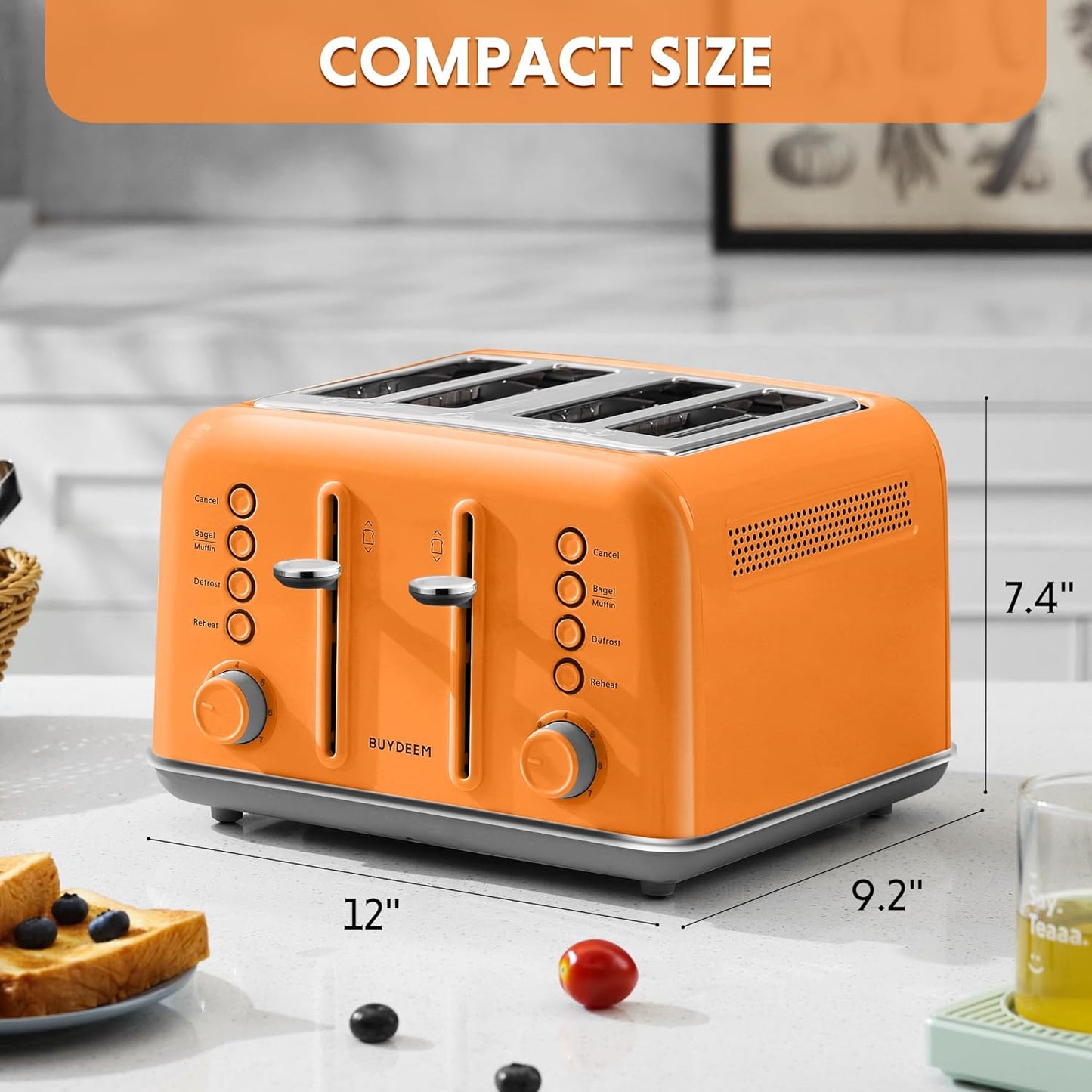 BUYDEEM DT640 4-Slice Toaster, Extra Wide Slots, Retro Stainless Steel with High Lift Lever, Bagel and Muffin Function, Removal Crumb Tray, 7-Shade Settings,Orange