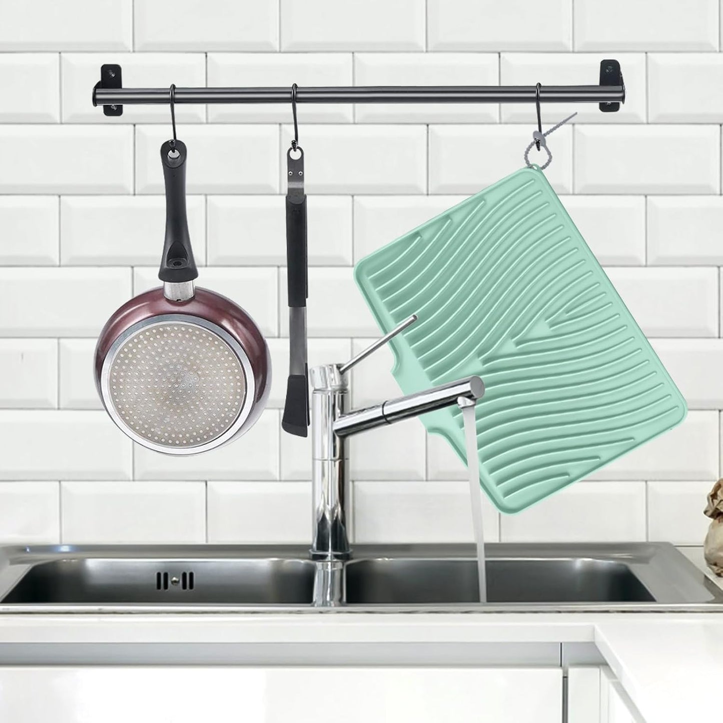 Dish Drying Mat, Stone Drying Mat for Kitchen Counter with Built-in Drain, Non-Slip Drying Matt Kitchen Counter, Heat Resistant Silicone Drying Mat, Dish Drying Pad, 2 Pcs(15.8"X 13", Mint)