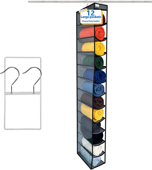 Closet Organization,12 Section,Hanging Closet Organizer,Space Saving, College Dorm Essentials for Girls, Heavy dutys Hooks Up to 45 Pounds, Clothes Storage,Closet Organizer,Grey/Black