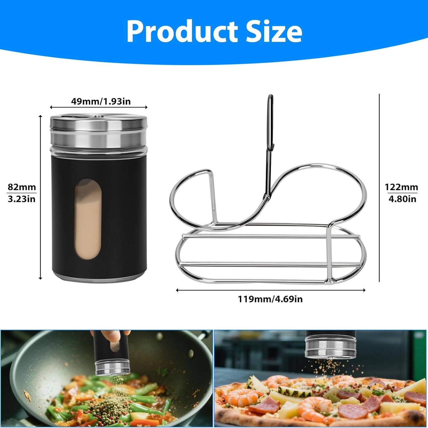 Glass Salt and Pepper Shaker Set with Seasoning Rack, Spice Rack, Adjustable Pour Hole Stainless Steel Lid, 2.8 oz, Spice Dispenser for Salt, Pepper, Spice Preservation (black)