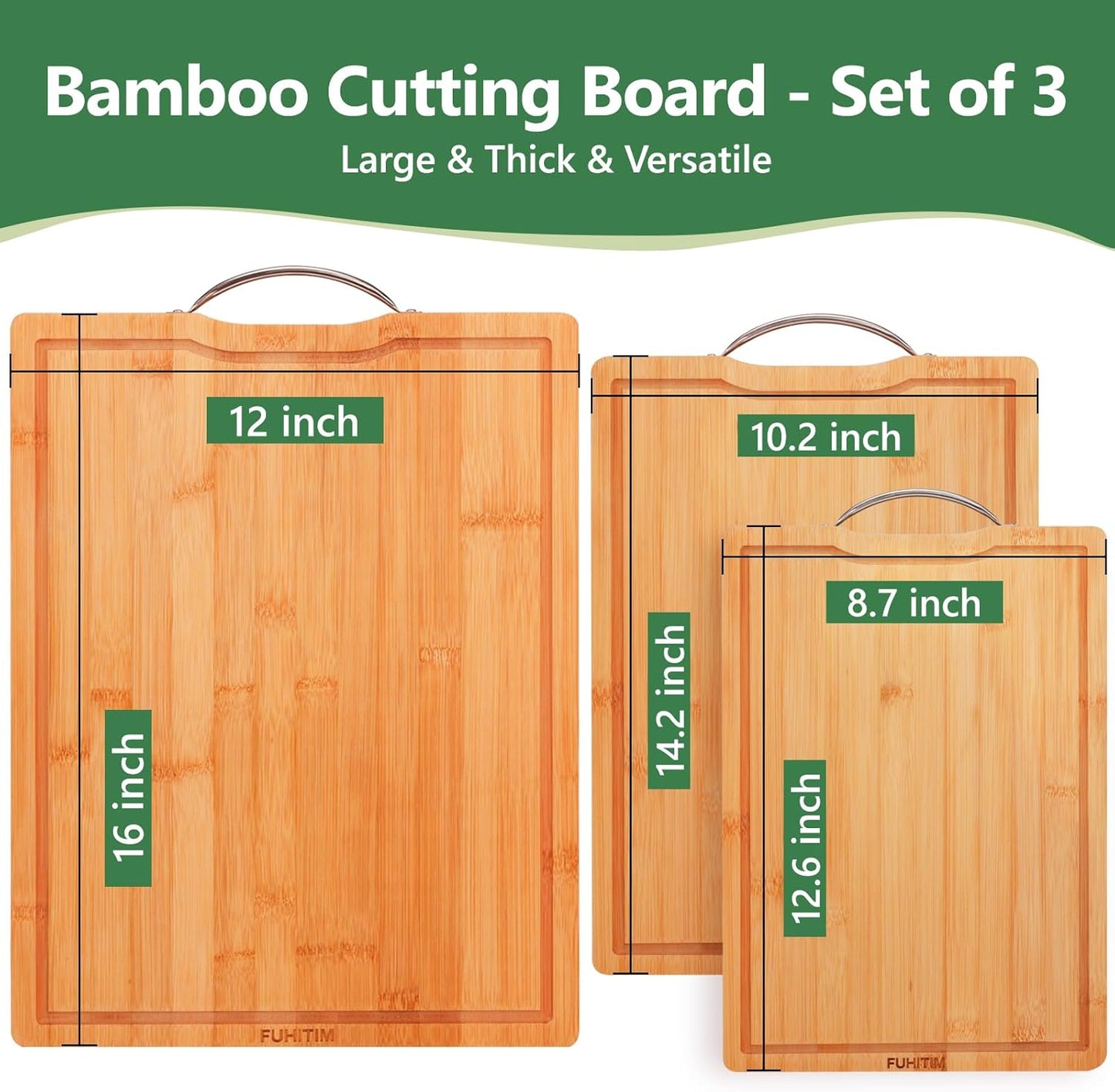 Bamboo Cutting Board, Wooden Cutting Boards for Kitchen with Double Sided Deep Juice Grooves & Wide Handle, Ideal Charcuterie & Chopping Board for Meat, Vegetables and Fruits