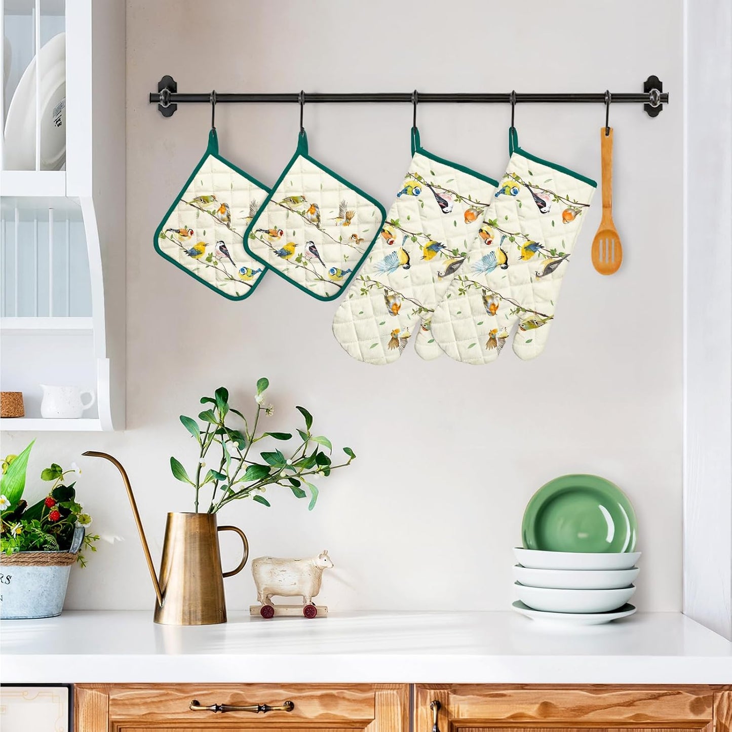 Bird Branch Oven Mitts and Pot Holders Sets 4Pcs, 100% Cotton Heat Resistant, Extra Long Oven Gloves Potholder for Kitchen Cooking Baking Decoration