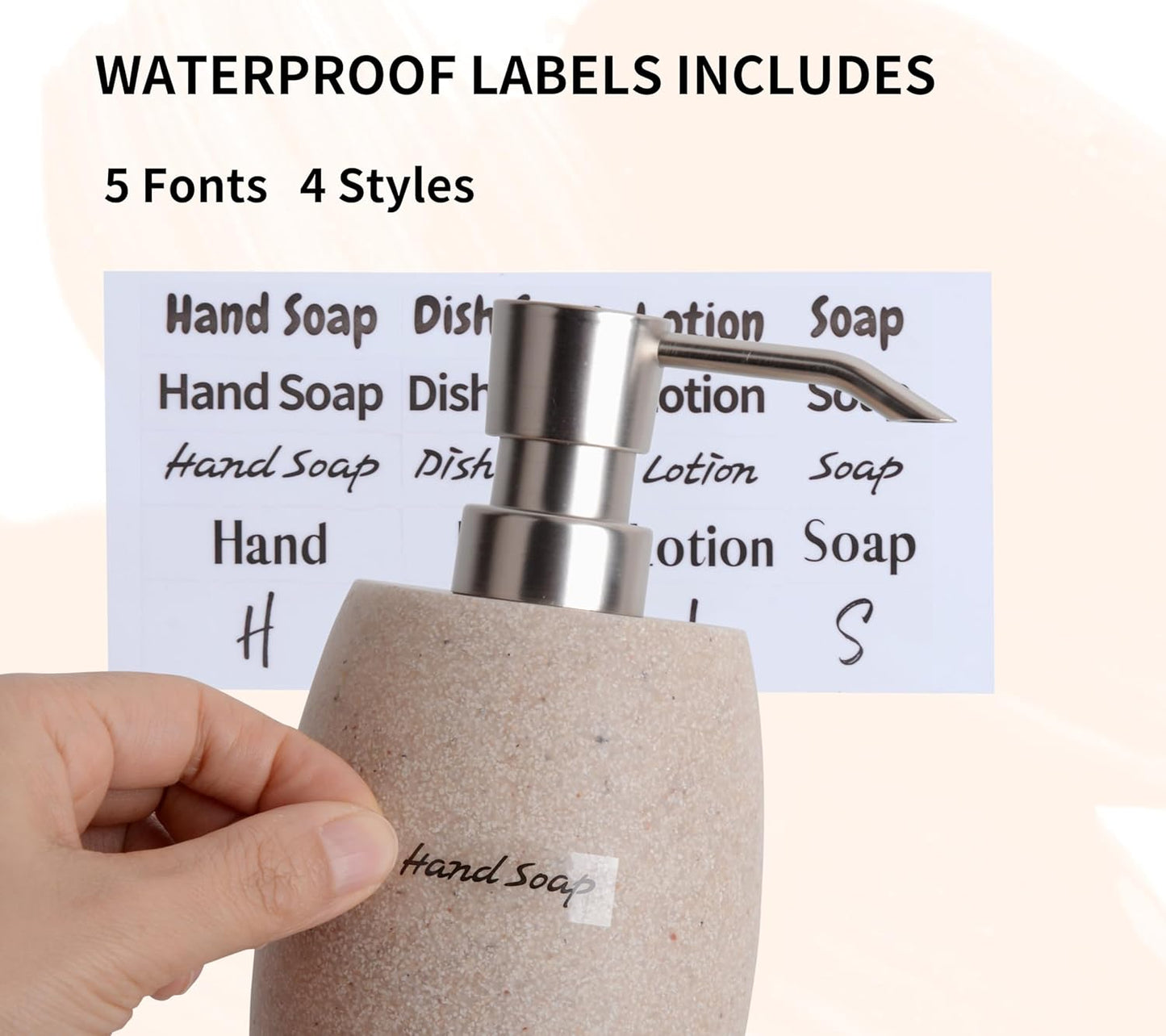 Sandstone Textured Resin Soap Dispenser with Metallic Pump and Waterproof Bottle Labels for Bathroom Kitchen Dish Hand Wash Shower Lotion Shampoo, 12 Oz, Beige