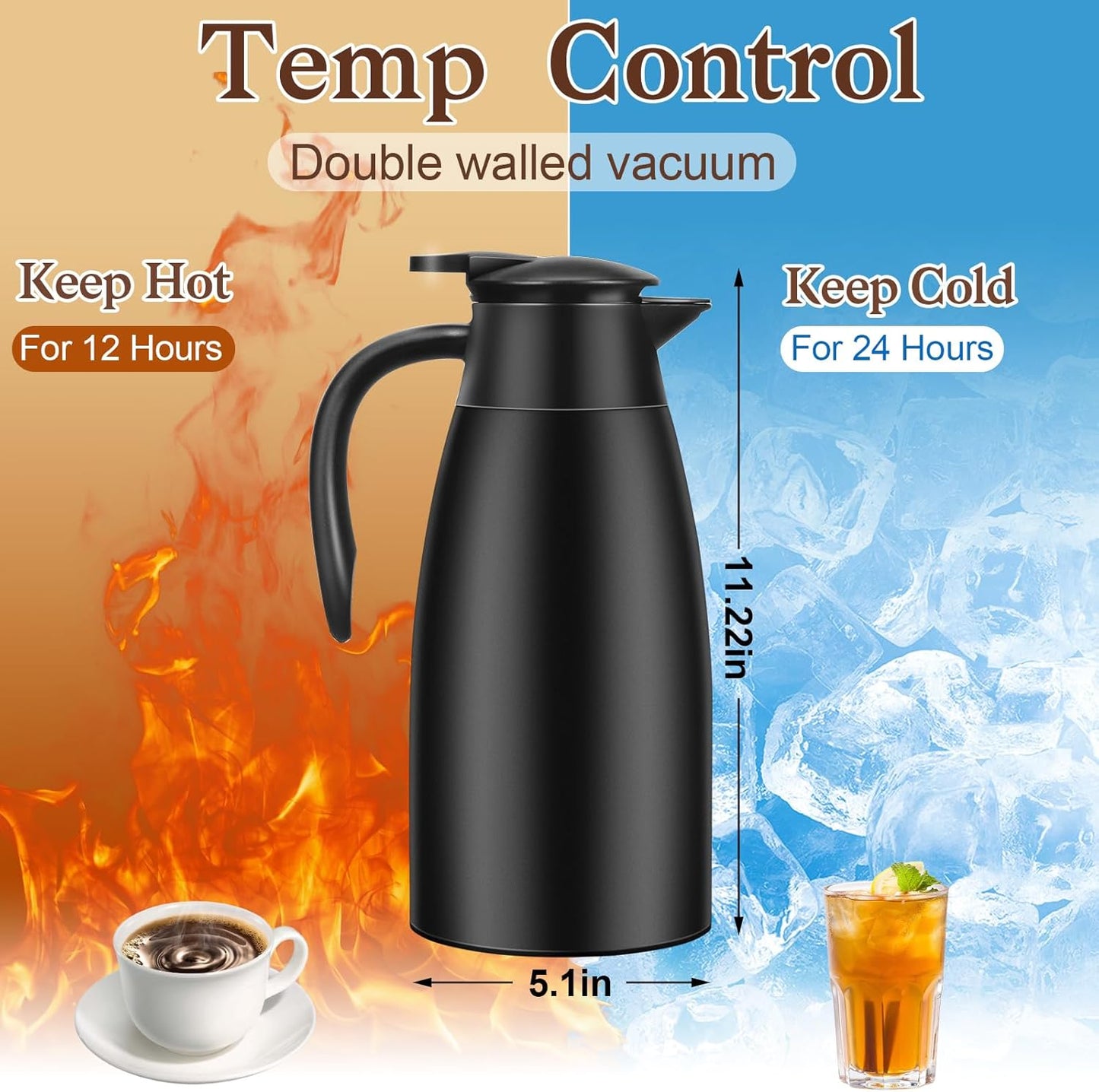 1 PCS 68 OZ Thermal Coffee Carafe, Insulated Stainless Steel Coffee Carafe Double Walled Vacuum Thermal Pot Flask with Brushes Thermos for Keeping Hot Coffee Tea Home and Office (Black)
