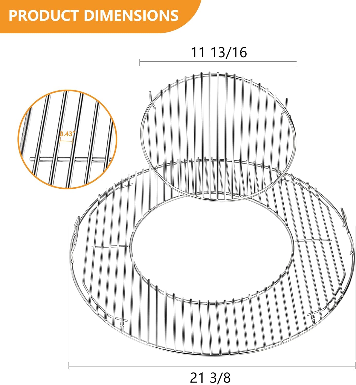 Grill Grates Replacement for Weber 8835, 22.5 inch Charcoal Grills, Kettle, Performer, Master-Touch, Charcoal Smoker, 21.5" Gourmet BBQ System Hinged Stainless Steel Cooking Grate Parts