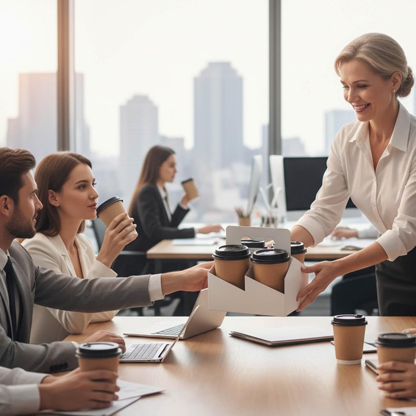 Kraft Paperboard 4-Cup Drink Carrier with Handle, 12-32 oz Coffee Cup Holder, Takeout Beverage Delivery, 30-Pack(Without Cups)