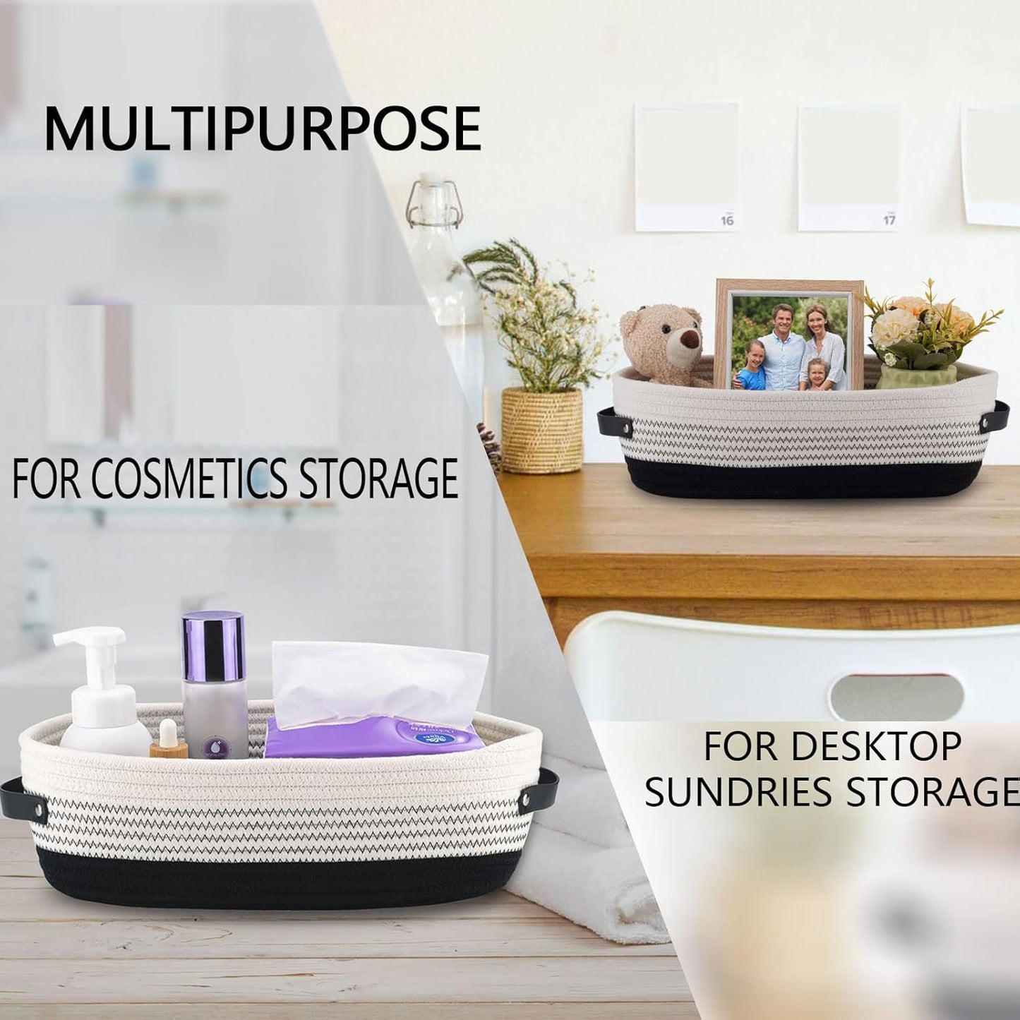 Cotton Rope Toilet Basket Bathroom Decor Baskets, Toilet Paper Holder Basket, Farmhouse Home Decor Organizing Small Baskets 13"x5.9"x4" Black