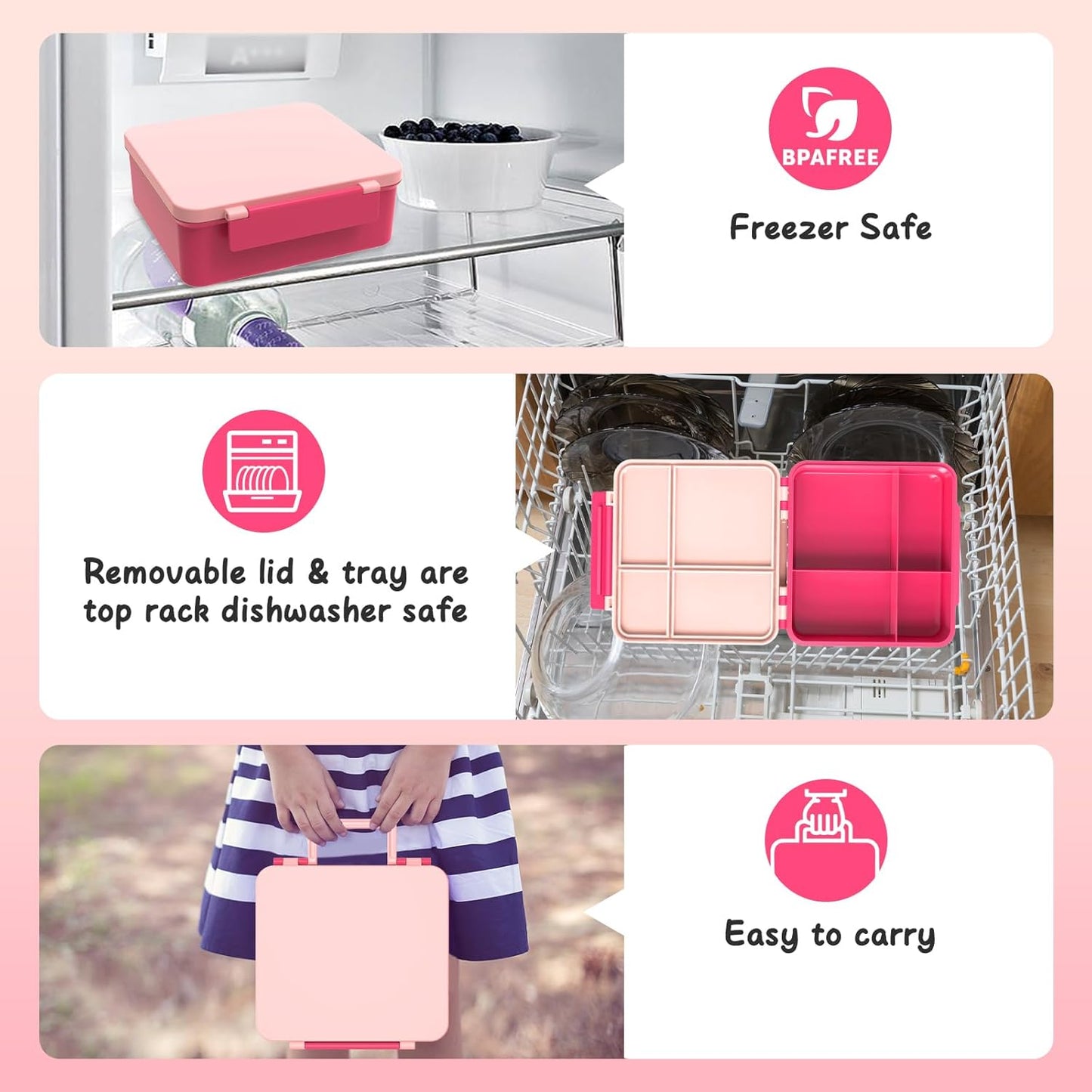 Bento Lunch Box with 8oz Soup Thermo, Leak-Proof Lunch Containers with 4 Compartment, Thermo Hot Food Jar and Insulated Lunch Box for School Pink